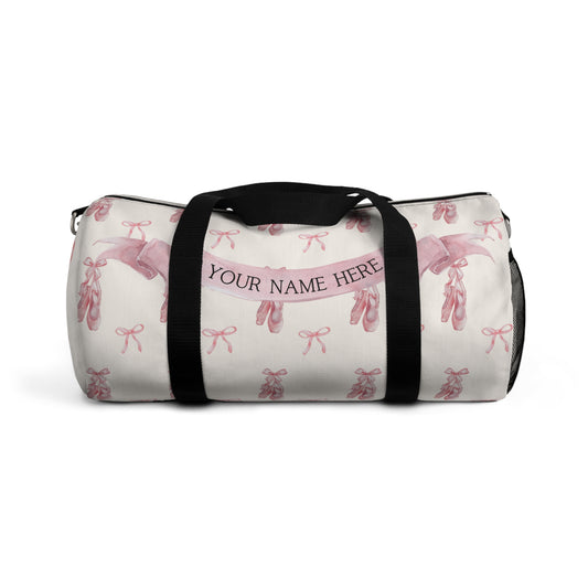 Classic Heirloom Vintage Pink Ribbon Bow and Ballet Slippers Small Dance Duffel with Custom Name